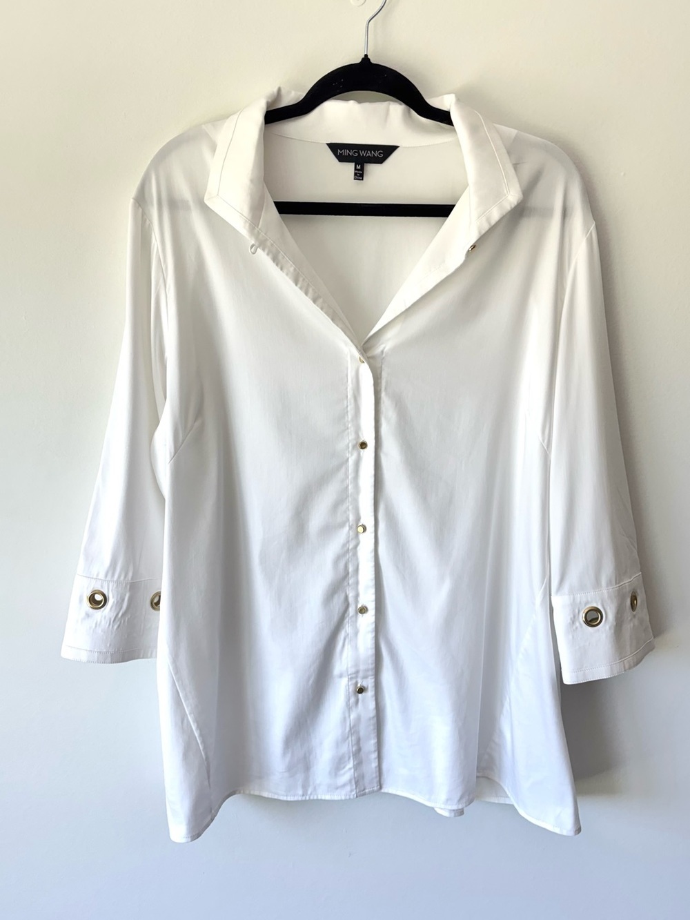 Ming Wang White Sheer Button Down Blouse Gold Grommet Eyelet Quiet Luxury